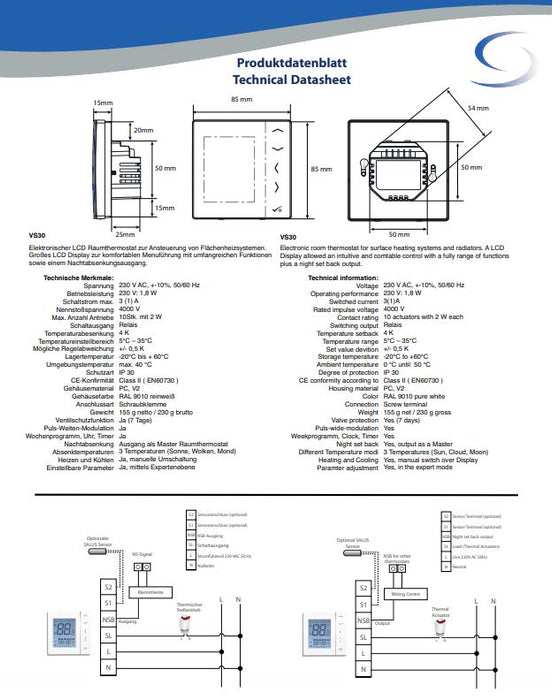 SALUS Controls Raumthermostat VS30W weiß Unterputz 230V 3A für Stellantriebe